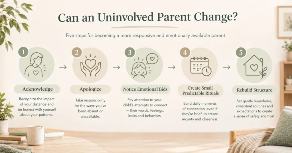 Uninvolved Parenting: Signs, Causes, Effects, and How to Break the Cycle 6 Five steps for becoming a more responsive and emotionally available parent