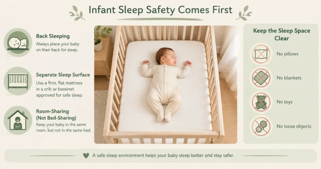 Attachment Parenting: Principles, Practices, Benefits, and What the Research Says 6 Infant safe sleep infographic showing a clear crib and separate sleep surface