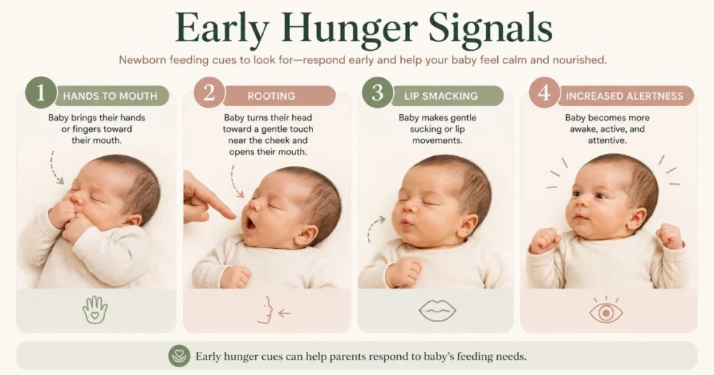 Baby Feeding Schedule by Age: The Complete Month-by-Month Guide 6 Newborn hunger cues including hands to mouth, rooting, lip smacking and increased alertness