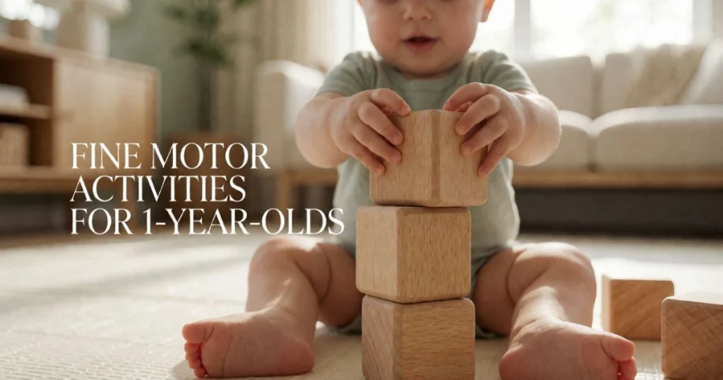 Fine Motor Activities for Toddlers: Easy Activities by Age 7 1-year-old toddler stacking large wooden blocks on a play mat