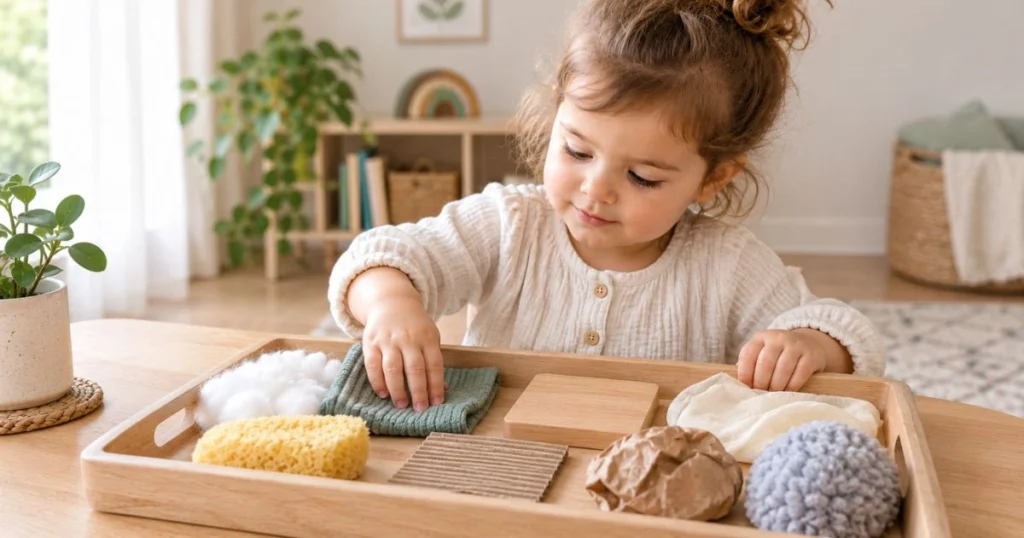 Sensory Play: 25 Easy Activities for Toddlers at Home 11 Toddler exploring different safe textures arranged on a sensory play tray