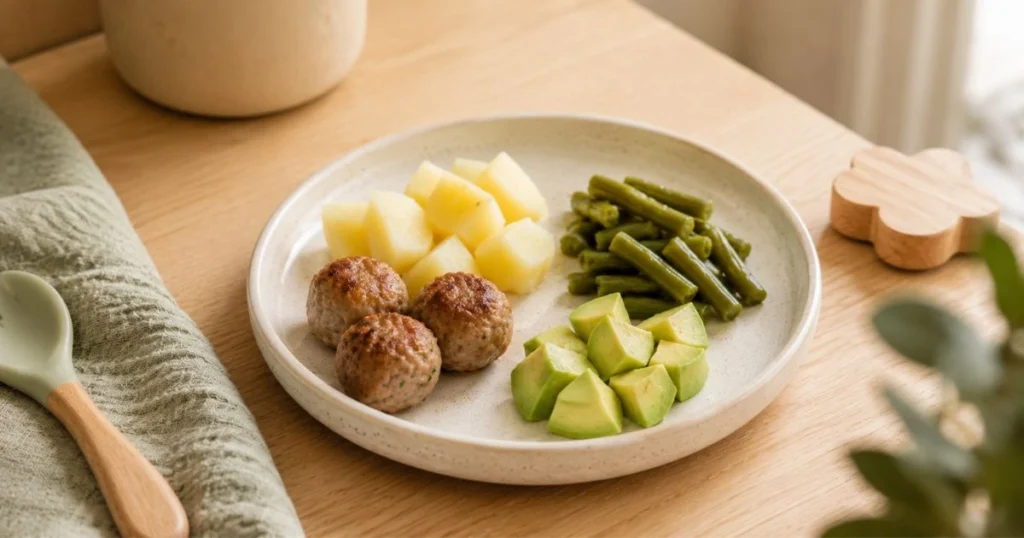 Easy toddler dinner with soft meatballs, potato, green beans and avocado