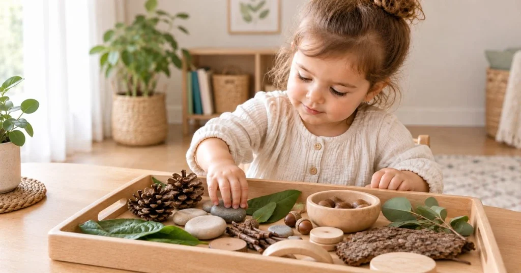 Sensory Play: 25 Easy Activities for Toddlers at Home 12 Toddler exploring leaves and safe natural materials in a nature sensory tray