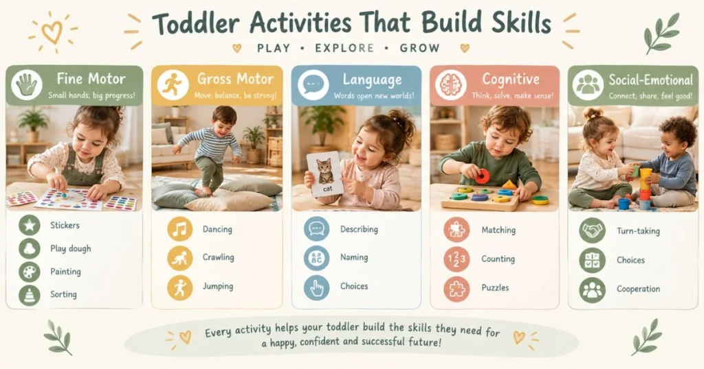 Toddler Activities: 50 Easy Ideas to Keep Little Kids Busy 9 Infographic showing how toddler activities support fine motor, gross motor, language, cognitive, and social-emotional skills
