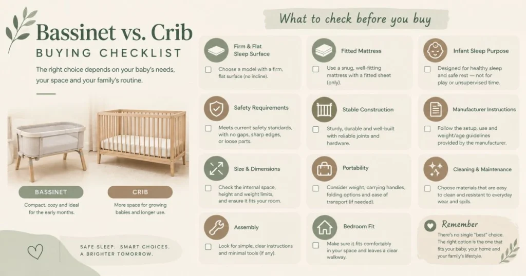 Bassinet vs Crib: How to Choose the Right One 10 Bassinet vs crib buying checklist for safety, size, portability, and practical features