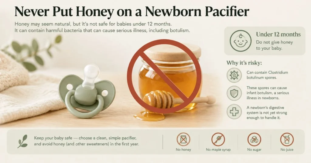Newborn Pacifier Safety: When and How to Use One 9 Honey crossed out beside a newborn pacifier to show that babies under 12 months should not have honey