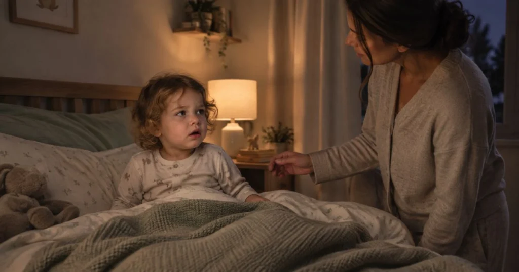 What Are Night Terrors? Causes, Signs & How to Help 3 Toddler experiencing a night terror while a parent calmly stays nearby in a cozy bedroom.