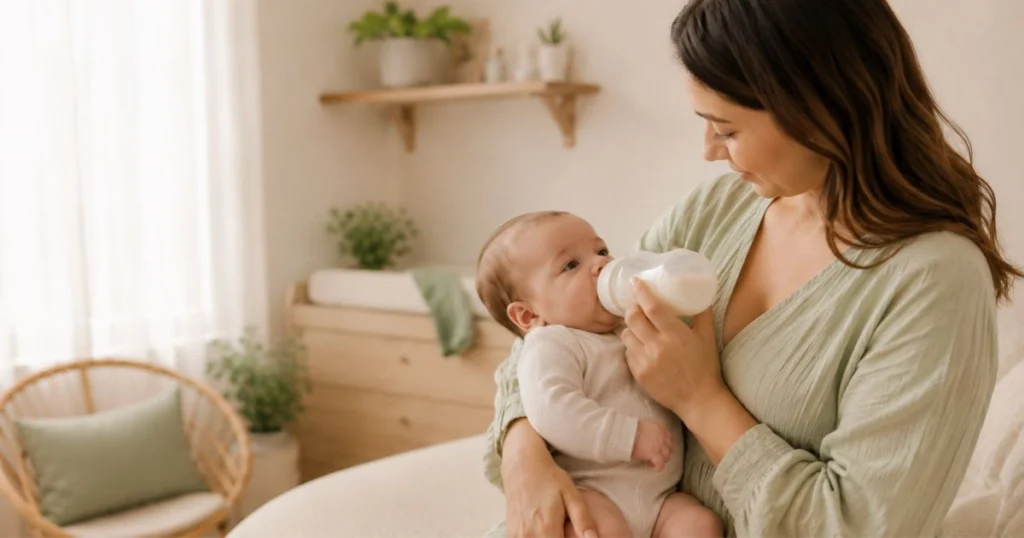 Parent calmly bottle feeding a baby with a relaxed pace