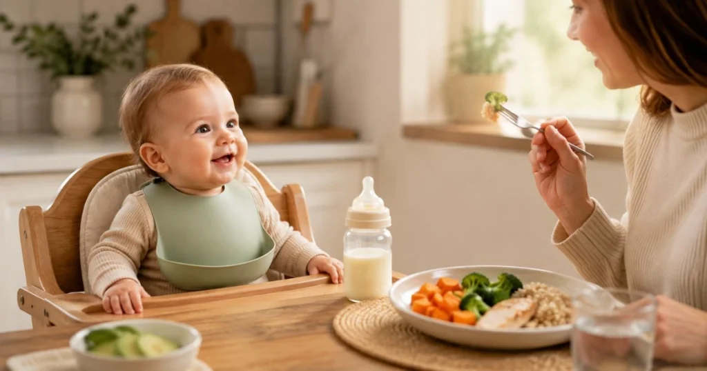 Baby Feeding Schedule by Age: The Complete Month-by-Month Guide 8 Baby sitting with support and watching a parent eat while still receiving breast milk or formula