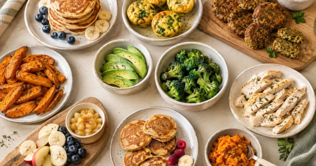 Baby Led Weaning Recipes: 25 Easy Meals for Your Baby 3 Baby led weaning recipes arranged on a wooden table with healthy finger foods