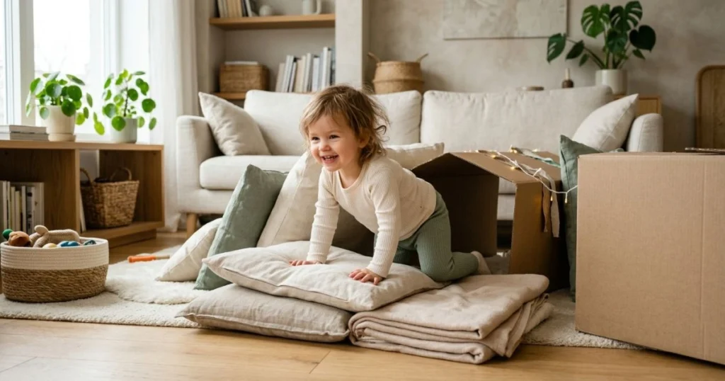 30 Easy Indoor Activities for Toddlers That They’ll Love 14 Happy toddler relaxing after creative indoor play at home