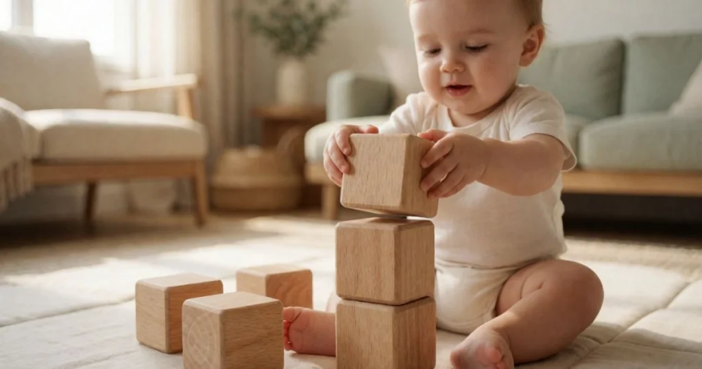 Fine Motor Activities for Toddlers: Easy Activities by Age 8 Toddler stacking large wooden blocks to practice hand control