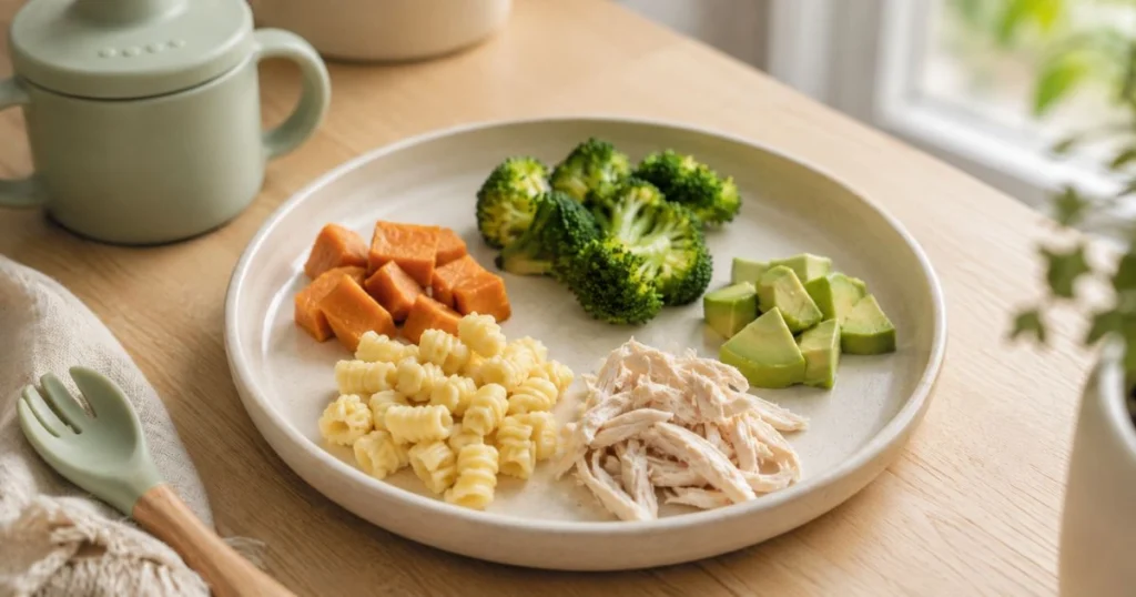 Healthy toddler lunch with shredded chicken, soft pasta, broccoli, avocado and sweet potato