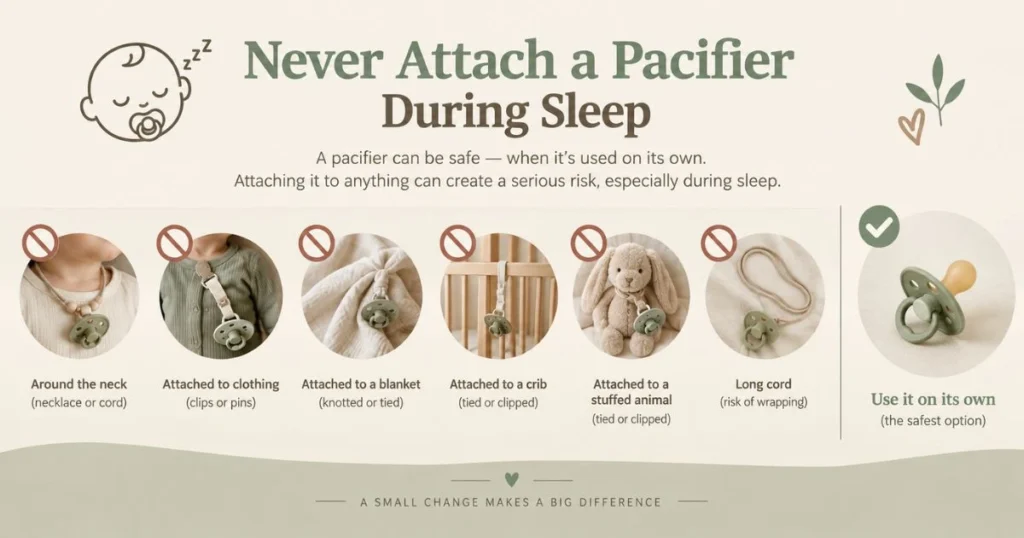 Newborn Pacifier Safety: When and How to Use One 10 Unsafe pacifier attachments to clothing, blankets, crib or baby's neck shown with warning symbols