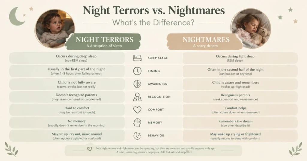 What Are Night Terrors? Causes, Signs & How to Help 4 Infographic comparing night terrors and nightmares by sleep stage, timing, awareness, comfort and memory.