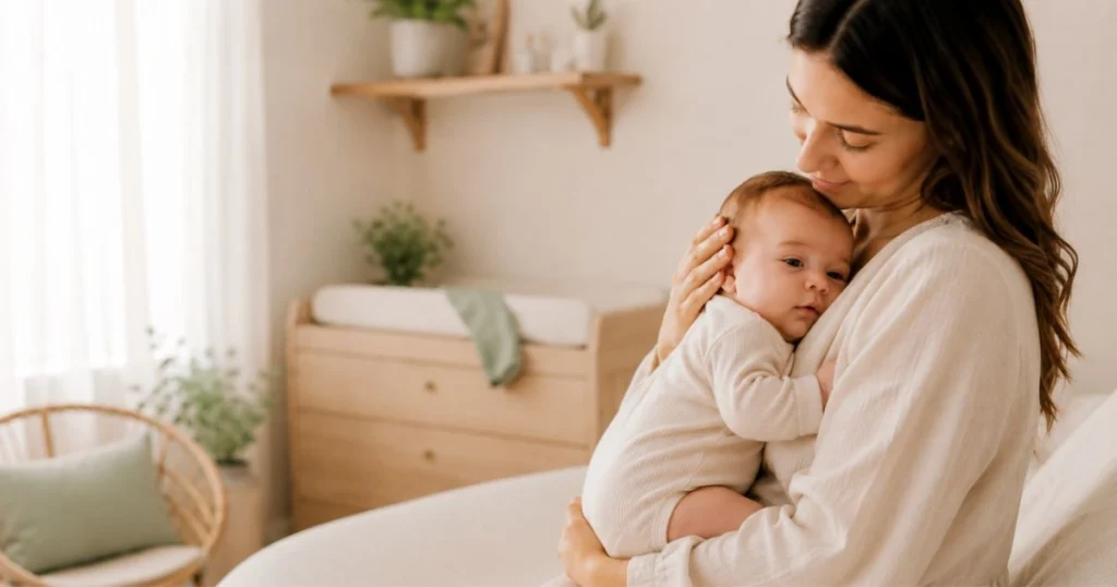 Parent calmly feeding a relaxed baby in a quiet nursery