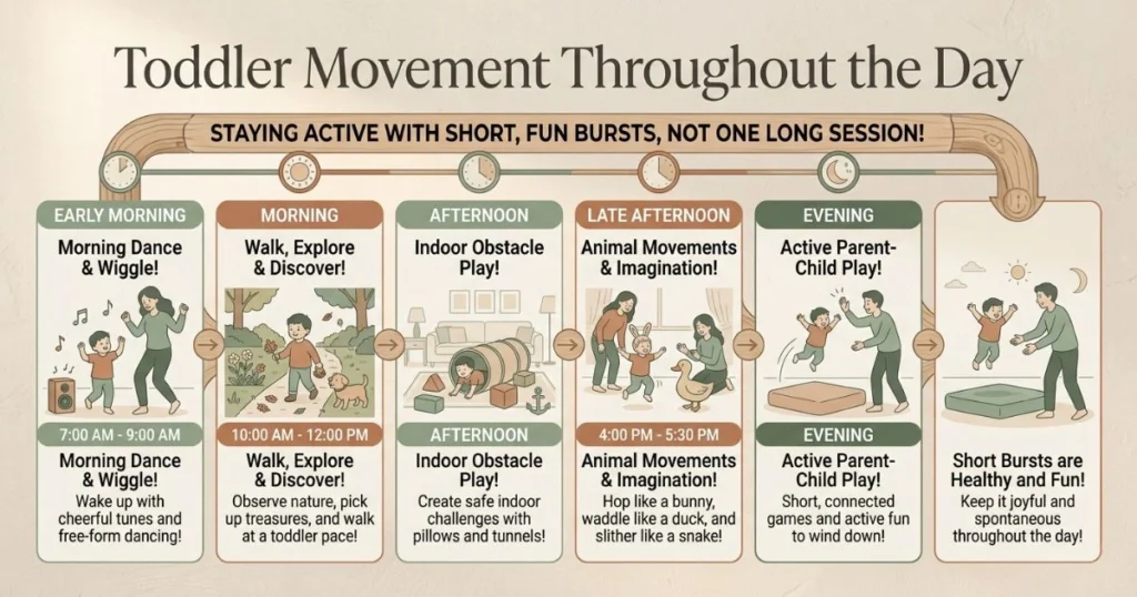 30 Easy Indoor Activities for Toddlers That They’ll Love 12 Infographic showing how toddler physical activity can be spread throughout the day