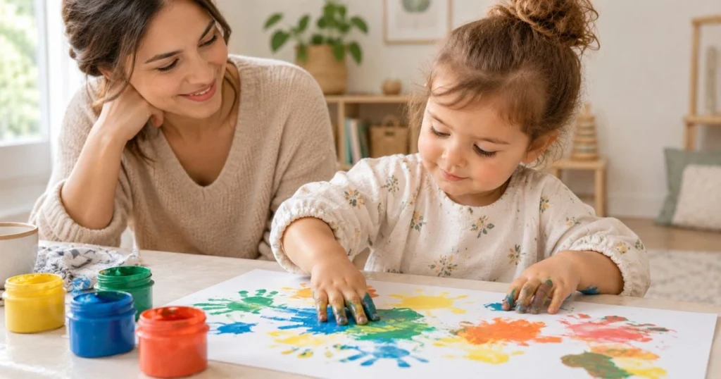 Sensory Play: 25 Easy Activities for Toddlers at Home 13 Toddler finger painting on large paper during a creative sensory activity