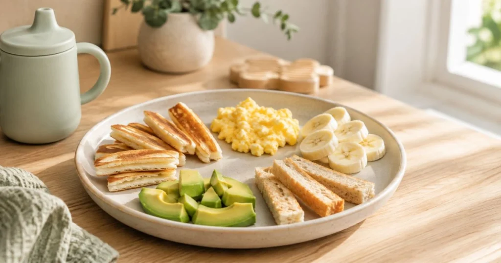 Colorful toddler plate with healthy finger foods including vegetables, fruit, egg, toast and chicken