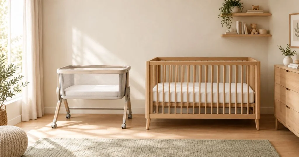 Bassinet vs Crib: How to Choose the Right One 3 Bassinet vs crib in a modern nursery showing two baby sleep spaces
