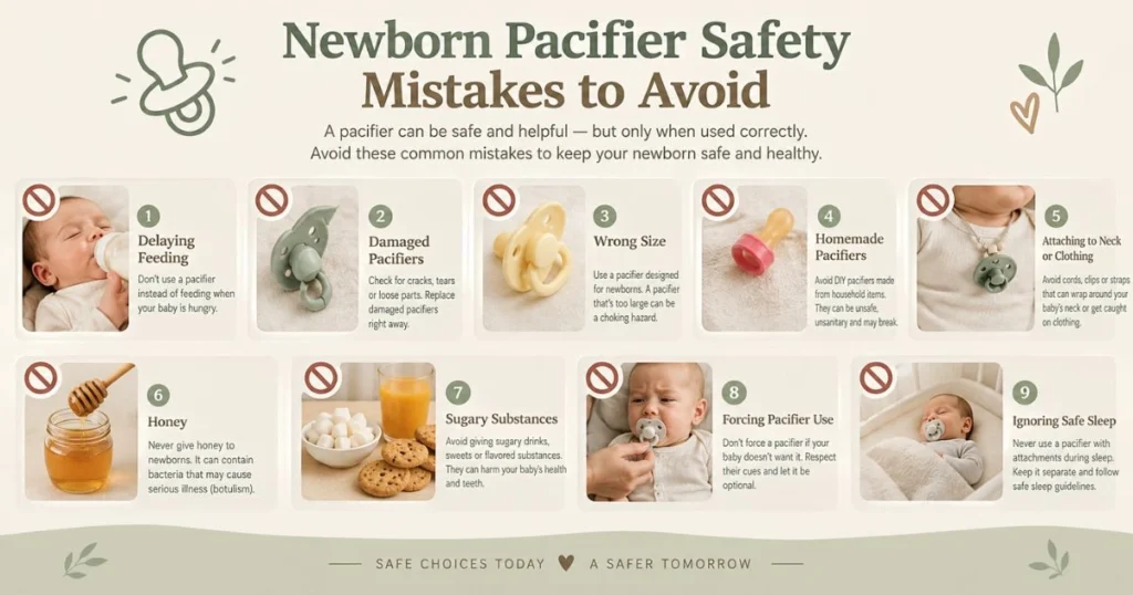 Newborn Pacifier Safety: When and How to Use One 11 Common newborn pacifier safety mistakes including damaged pacifiers, homemade pacifiers, honey and unsafe attachments
