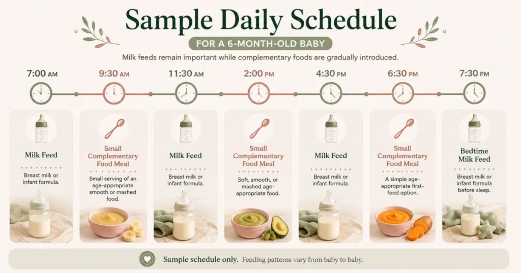 Baby Feeding Schedule by Age: The Complete Month-by-Month Guide 10 Sample 6-month baby feeding schedule showing milk feeds, small solid meals and bedtime feeding