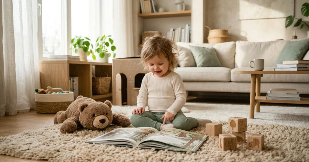 30 Easy Indoor Activities for Toddlers That They’ll Love 8 Toddler enjoying a picture book during quiet indoor play