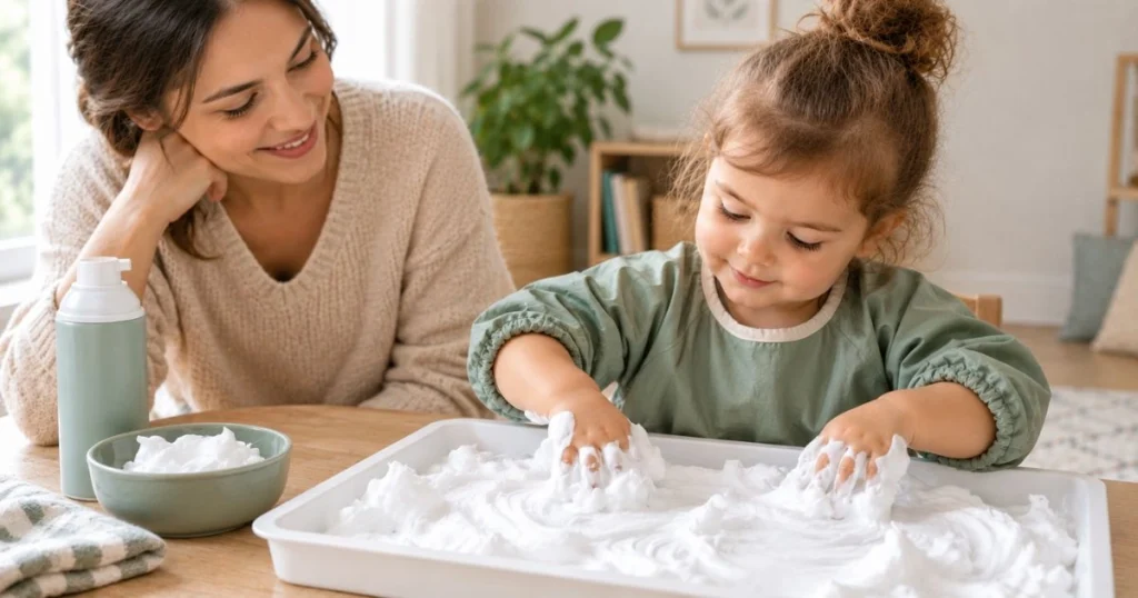 Sensory Play: 25 Easy Activities for Toddlers at Home 14 Toddler exploring shaving foam on a tray during supervised sensory play