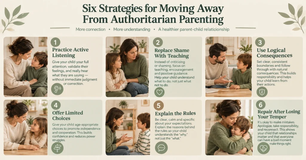 Authoritarian Parenting: Characteristics, Effects, and Healthier Alternatives 7 Six strategies for moving away from authoritarian parenting
