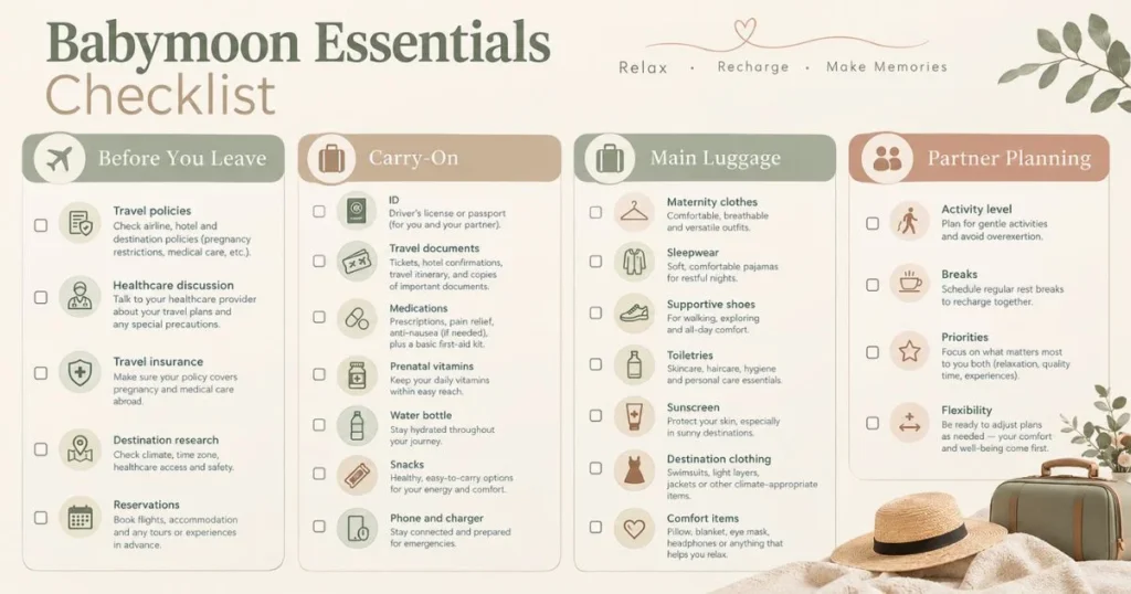 Babymoon packing checklist with carry-on, luggage, travel and partner essentials