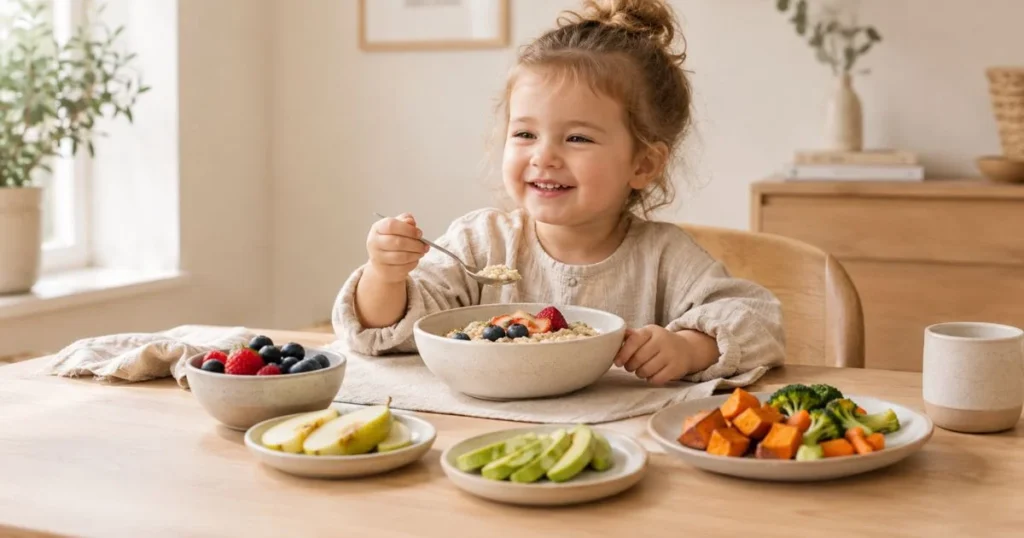 Best High Fiber Foods for Toddlers: Easy Ideas 3 Toddler enjoying a balanced meal with fiber-rich fruits, vegetables, oatmeal and avocado