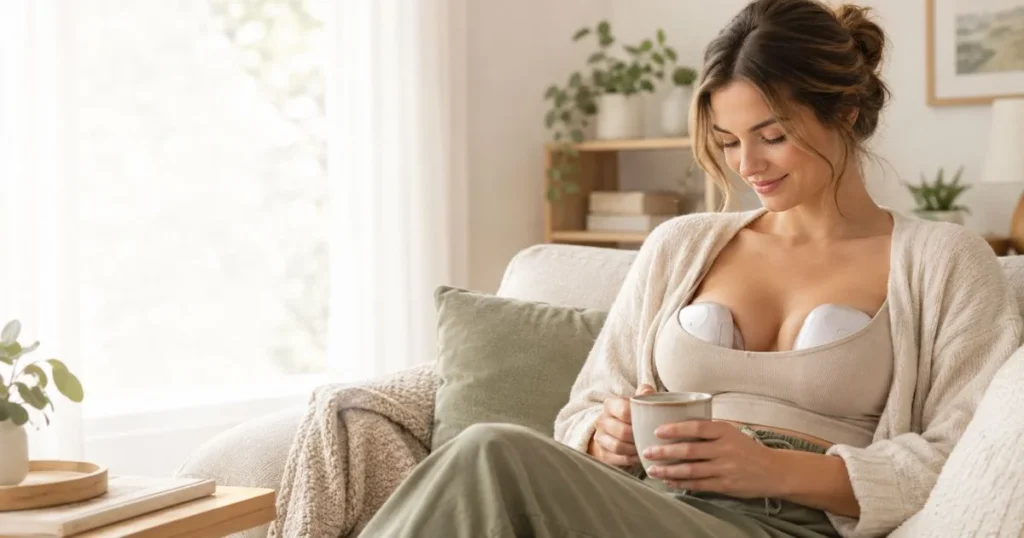 Mother using a wearable hands-free breast pump at home