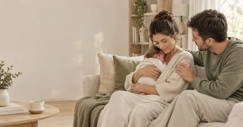 Mother receiving emotional support while holding her baby postpartum