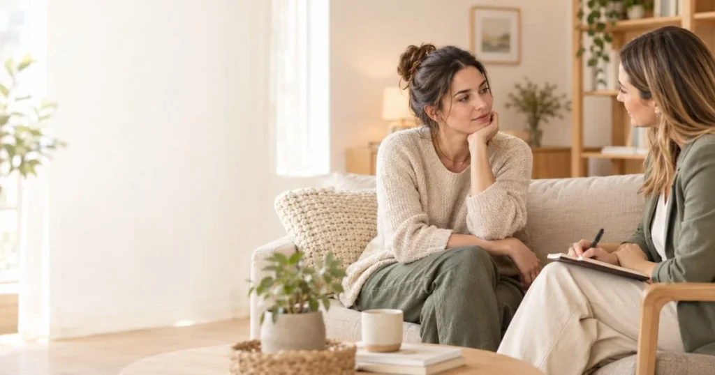Mother talking with a therapist about postpartum depression in a calm, supportive setting.
