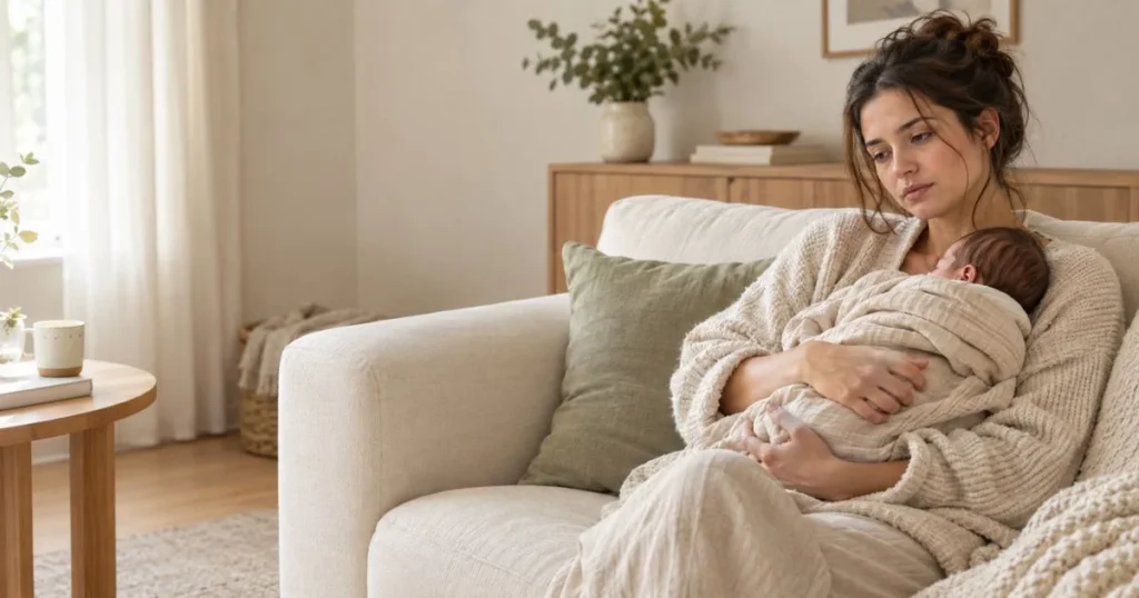 Mother holding her newborn during a difficult postpartum period