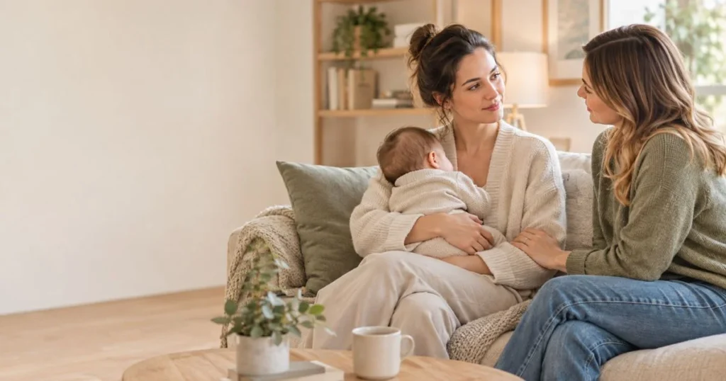 Postpartum Depression Help Groups: How to Find Support 3 Mother connecting with another parent for emotional support after childbirth
