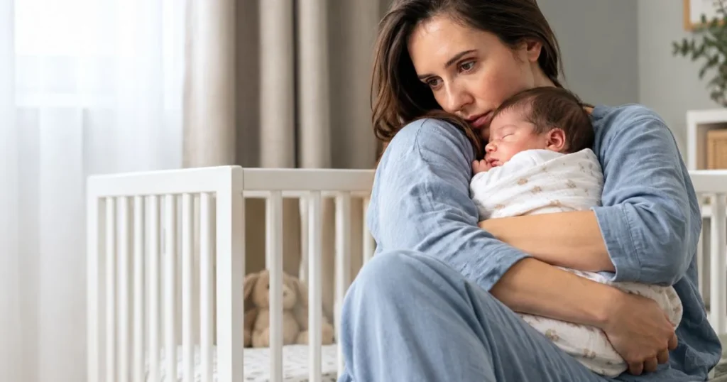 Postpartum and Depression: How to Recognize the Signs 6 Mother holding her newborn while experiencing postpartum depression