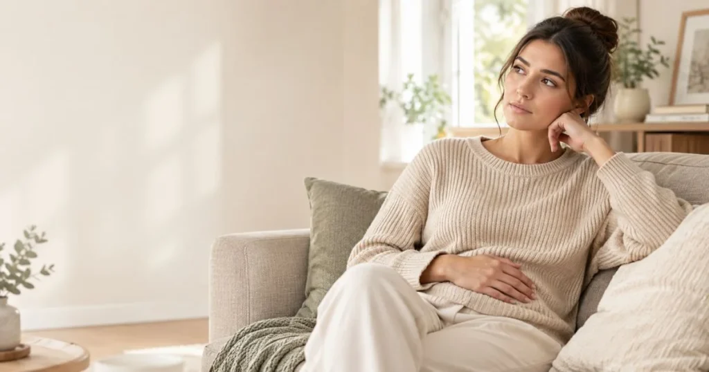Woman wondering whether digestive changes could be an early sign of pregnancy