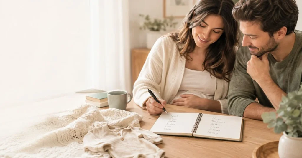 Baby Boy Names Unique: 250+ Rare, Modern & Meaningful Ideas for 2027 3 Expectant parents choosing unique baby boy names in a notebook