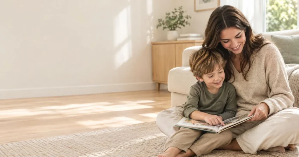 Mother reading a picture book with her young son in a cozy Scandinavian-style home, illustrating a loving mother-son bond.
