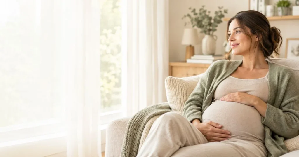 Pregnant woman in her third trimester relaxing at home before labor