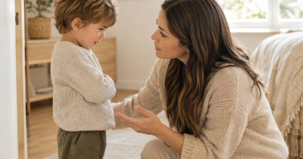 Parent calmly stopping toddler hitting while setting a firm limit