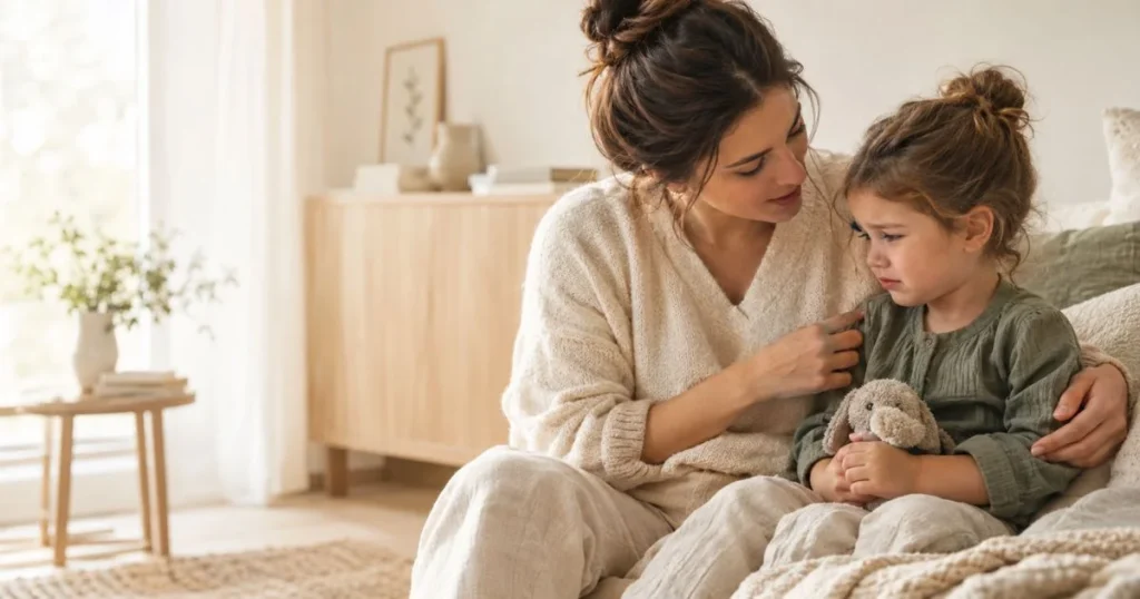 Mother calmly helping her child identify and express an emotion during a quiet conversation