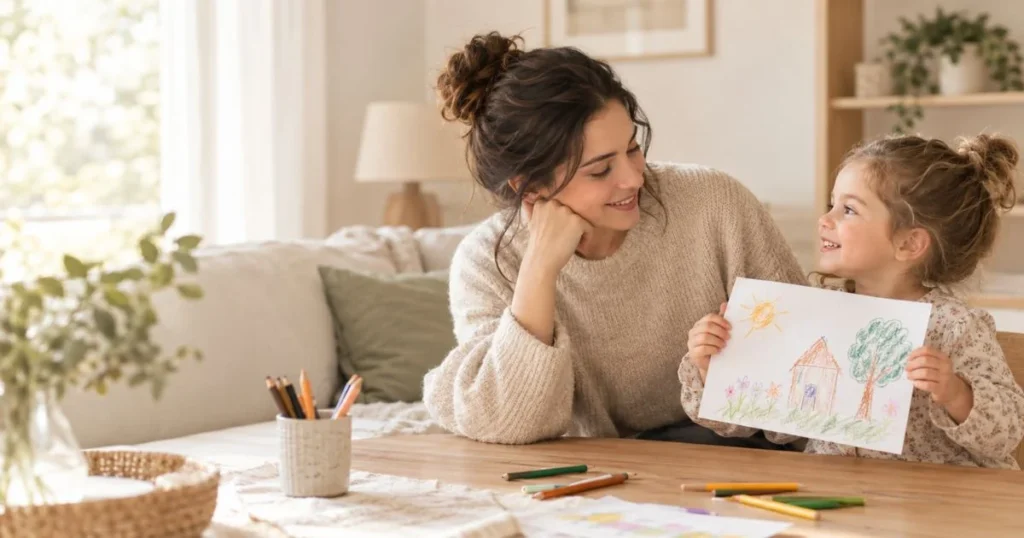 Encouragement for Kids: How to Support Without Pressure or Praise 3 Mother encouraging child after completing a drawing