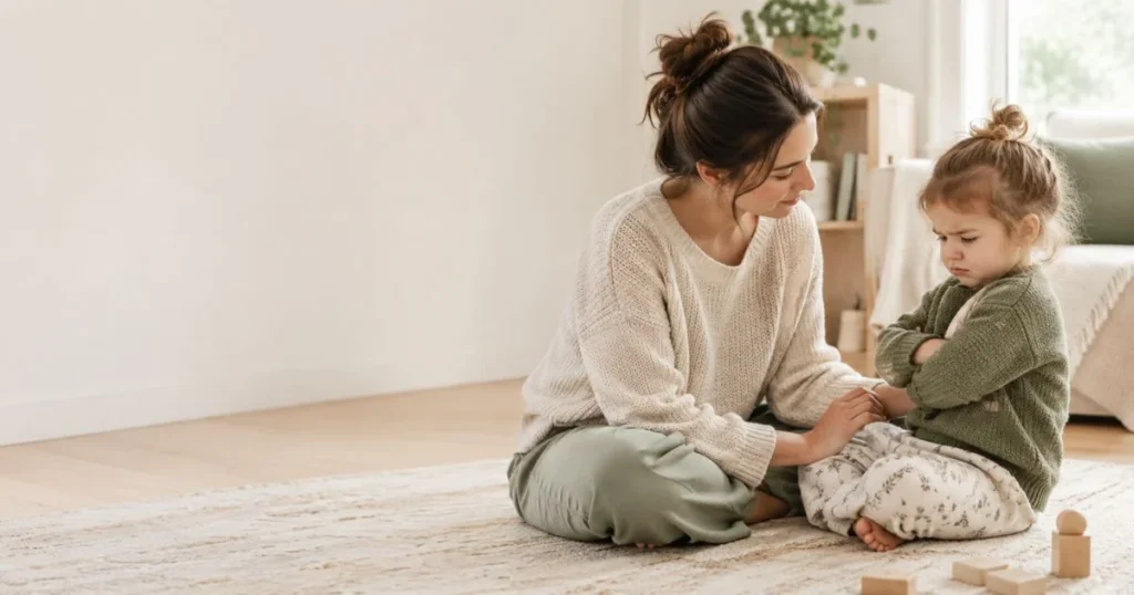 Why Kids Are Rebelling and How to Respond Calmly 3 Mother calmly responding to a frustrated toddler during a moment of rebellion