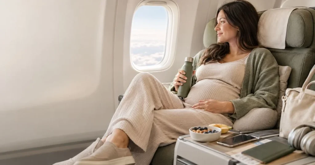 Pregnant traveler staying comfortable and hydrated during a long journey