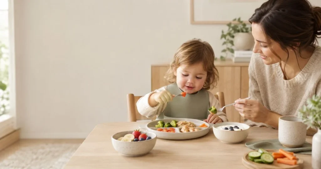 Toddler eating a varied nutritious meal with a parent nearby
