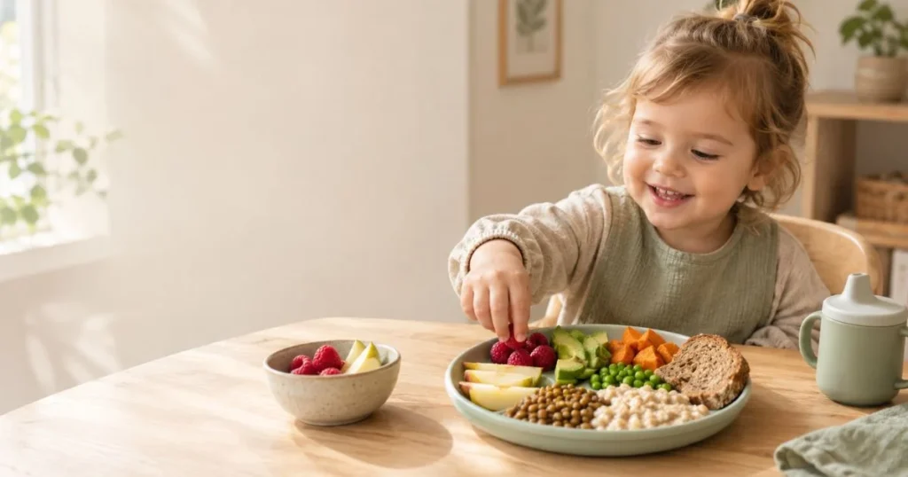Best High Fiber Foods for Toddlers: Easy Ideas 6 toddler enjoying a relaxed meal with a variety of healthy fiber-rich foods