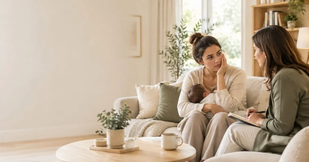 Mother talking with a therapist about postpartum depression with her husband 