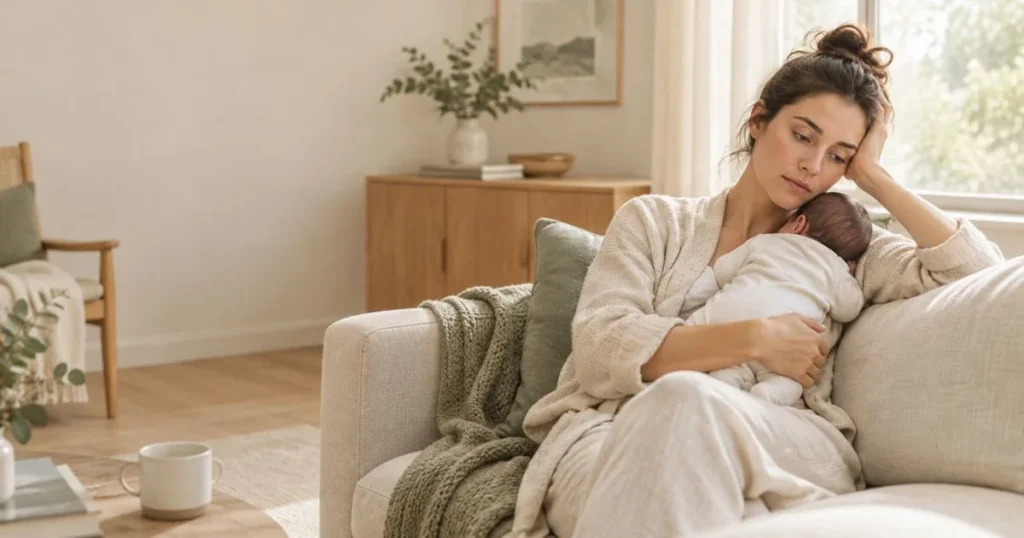 Postpartum and Depression: How to Recognize the Signs 3 Mother holding her newborn while experiencing emotional exhaustion after childbirth